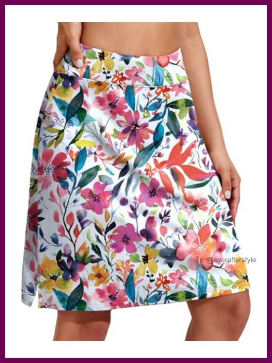 Pants - Golf Skort with Pockets, Knee Length, High Waisted, A-Line, Moisture Wicking,